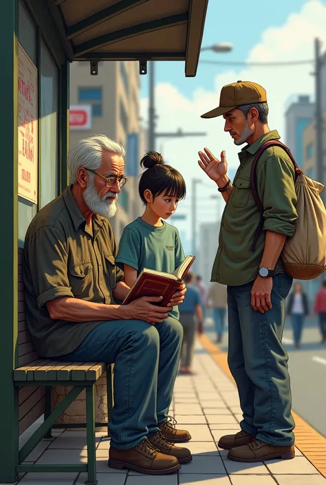  make the scene of the three generations of the book "The look from the front "at a bus stop with an old man Sego , a teenager Sego and an adult can picker