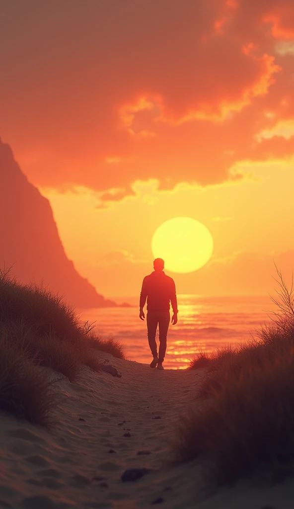  Image of a man walking alone towards the horizon in a wide landscape ,  like a beach at sunset or a mountain . The scene conveys inner peace and strength ,  with a vast sky and warm tones that symbolize authenticity and connection with himself.