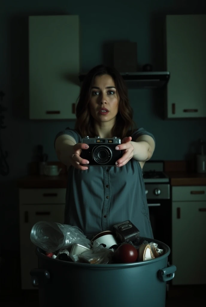 Throwing the Camera in the Trash
Sophie is standing next to a trash can in her kitchen, tossing the vintage camera inside. Her expression is one of fear and determination. The trash can is full of other household items, but the camera stands out as a centr...