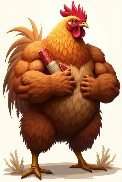  ， A chicken with a lot of feathers ，Generating diagram of a very strong chicken ， with a little salami。