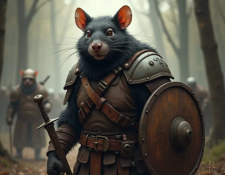 Illustrate a hyper-realistic warrior rat with dark, coarse fur, standing confidently in battle armor. The rat wears a rugged metal chest plate with leather straps, a small round shield engraved with tribal markings, and holds a miniature sword showing sign...