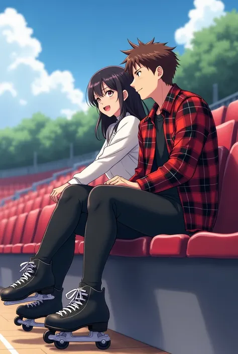  realistic anime boy in a red and black plaid shirt ,  sitting in the stands putting on his roller skates,  but they are womens because his girlfriend with a beautiful smile lent them to them ,  his girlfriend has a daring and very flirty face and she look...