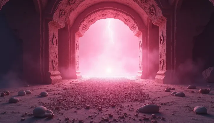  ultra realistic image : A mystical portal of half-open pink light ,  symbolizing the support and wisdom of the ancestors . on the floor,  seeds represent intentions and new beginnings ,  ready to germinate in the new timeline that begins.  convey depth .