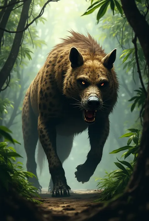 I want to create a picture hybrid animal from this two animals danger Hyena and denger Wolf boar create this picture with background of the Jungle