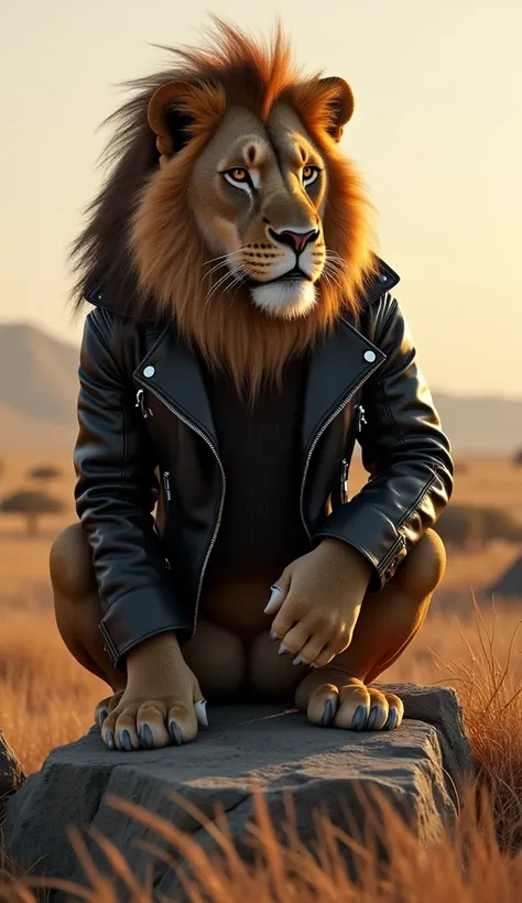 Lion Wearing a Leather Jacket
A majestic lion sporting a black leather jacket, sitting proudly on a rock with a confident look. Its mane is slightly windswept, adding a rockstar attitude.

Lighting: Golden hour lighting, casting warm highlights
Background:...