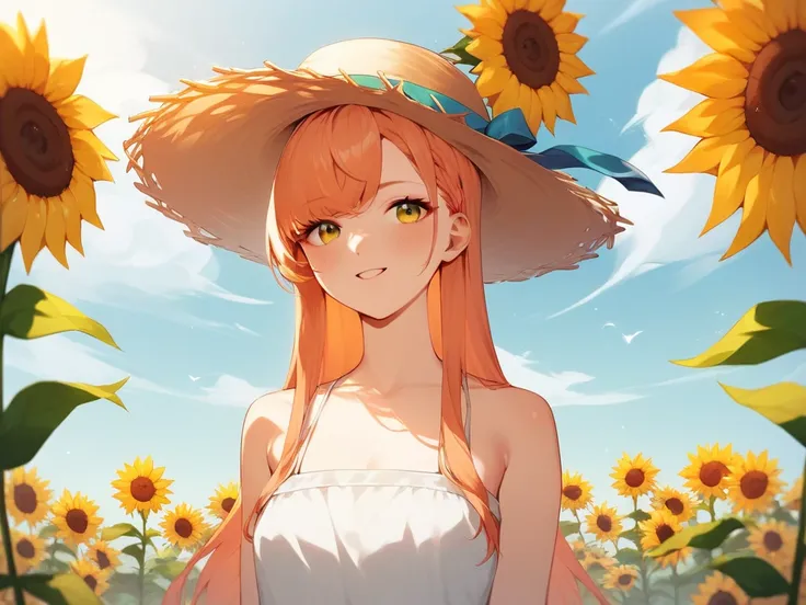 A 15-year-old Japanese girl, long haired with straight-cut bangs, wearing a white one-piece dress of thin fabric so that a little skin shows through, wearing a straw hat. The girl is surrounded by a sunflower field with sunflowers all the way to the horizo...