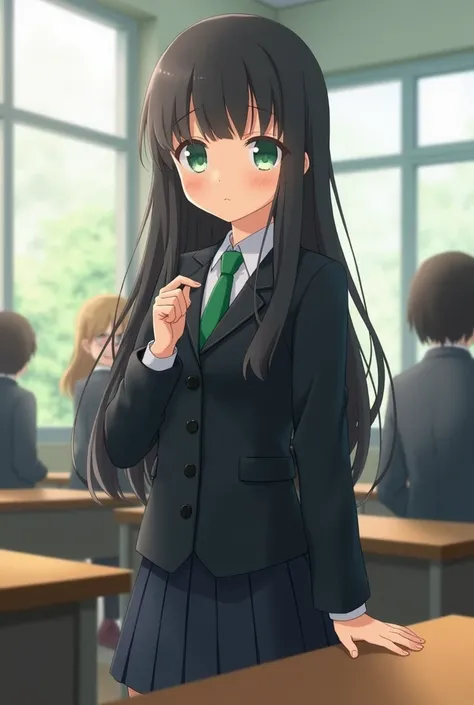 Japanese classroom.  cute anime girl.  Class A is available.  school uniforms.  Hair color is black and long.   black dress  green eyes.  green tie  The class room is very bright and some students are present nearby.