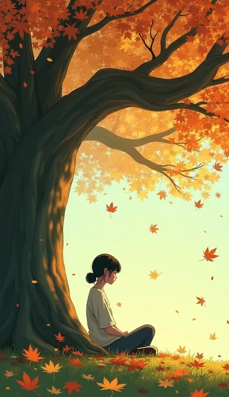 "A person sitting peacefully under a tree as leaves fall."