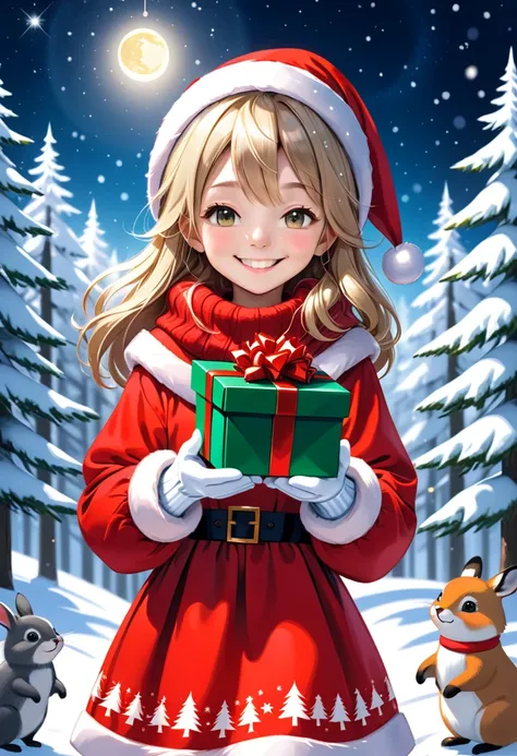 cute girl wearing red Christmas dress and mittens is holding Christmas present, big happy smile with closed eyes, ^_^, surrounded by small woodland animals,
(snowy forest, moonlight, Christmas trees), (sparkles, sparkling clothes, sparkling eyes), (masterp...