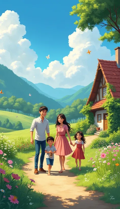 A peaceful village nestled in a lush, green valley surrounded by gentle rolling hills and vibrant wildflowers. The sky is a brilliant blue, with a few fluffy white clouds floating above. In the foreground, a happy family of four stands together: a smiling ...