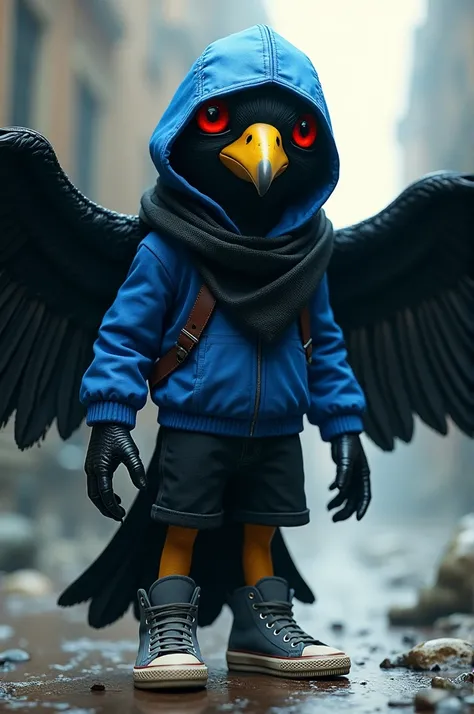  Anthropomorphic raven with blue hooded diver black scarf black shorts gray sneakers spreading their wings, red eyes, yellow beak, yellow legs , black plumage 