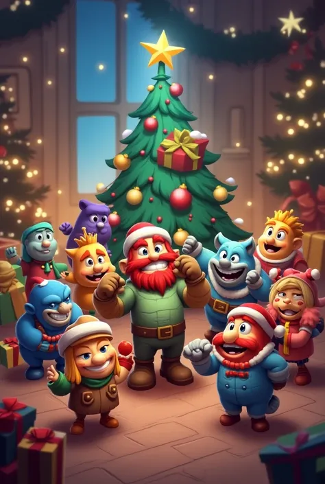 Play all the brawlers from the Brawl Stars game

 in an image celebrating Christmas with presents and the Christmas tree 