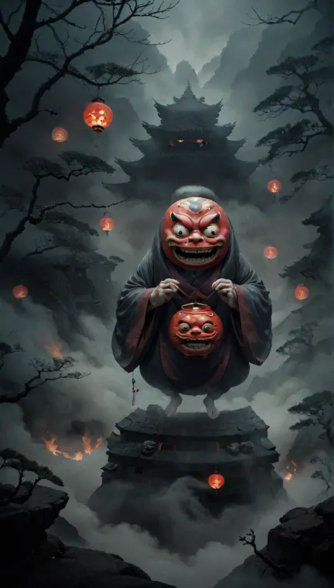  muted color 、Japanese monster fire daruma、Creepy。 nightmare illustration 、 surreal fantasy、Thick Fog、、 Darkness、shrine、Floating in the air

