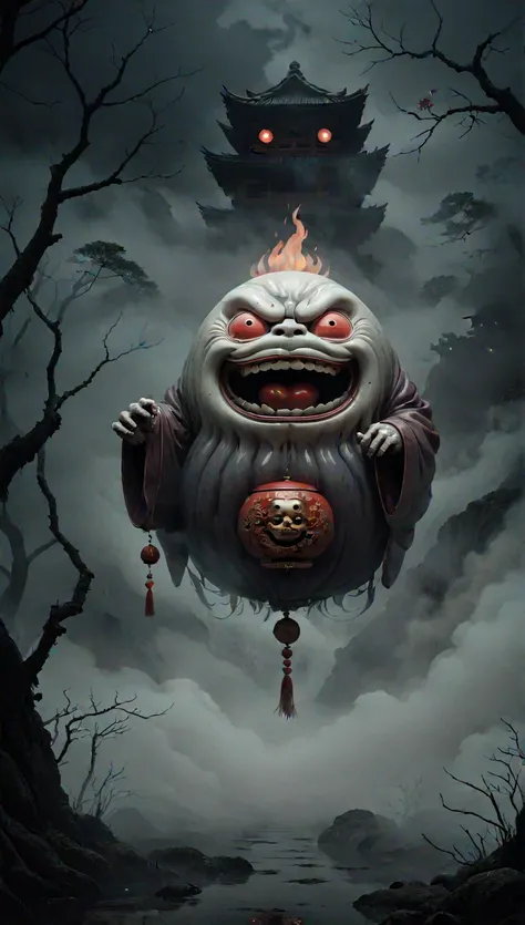  muted color 、Japanese monster fire daruma、Creepy。 nightmare illustration 、 surreal fantasy、Thick Fog、、 Darkness、shrine、Floating in the air

