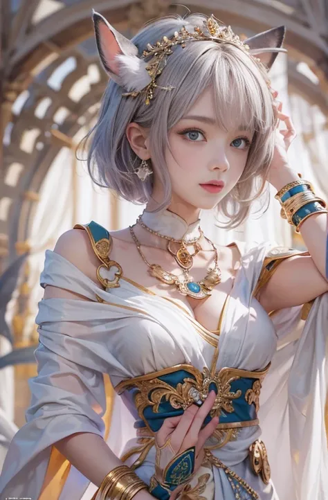 1, Close up portrait of woman in Ancient Greek clothing、Shoulders exposed、thin、  serious expressions、 short hair、Deadly position,   gorgeous necklace , thinミルク色の磁器の肌, , Transparent white skin,  Attractive anime girl  , Beautiful and sexy anime women,  surr...