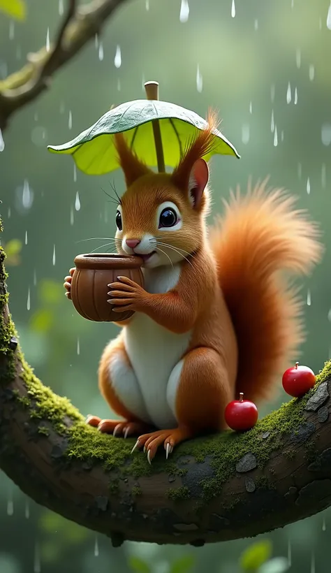 Squirrel Scene: A realistic, whimsical scene of a relaxed squirrel on a moss-covered tree branch during light rain. The squirrel holds a tiny acorn mug, sipping from it under a small green leaf used as an umbrella. Its bushy tail curls gracefully around th...