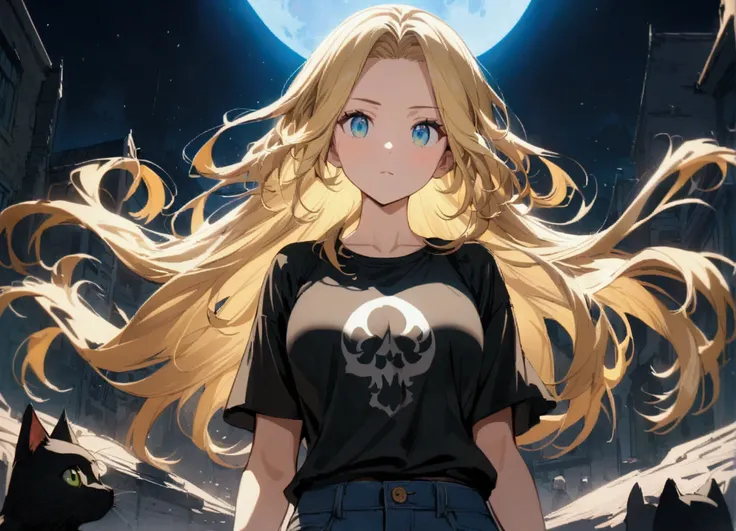 Anime girl, , , (shoulder-length blond hair, beautiful hairstyle, clear forehead, blue eyes) wears a black T-shirt and jeans. with a cute black cat with green eyes. Moon in the background.