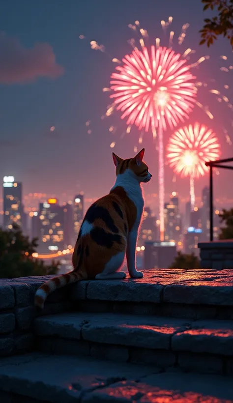 Realistic, theme is "Cat on Stone Steps", back view of a cat sitting on stone steps on a hill, calico cat, fireworks are being launched in front of the cat, cat watching fireworks, city night view, Japanese summer night, sophisticated design, advanced ligh...