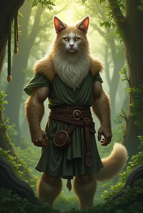 Create an image of a man with cat ears and eyes and his fur on his forearms. He is a druid ,  who is medium built and fully 