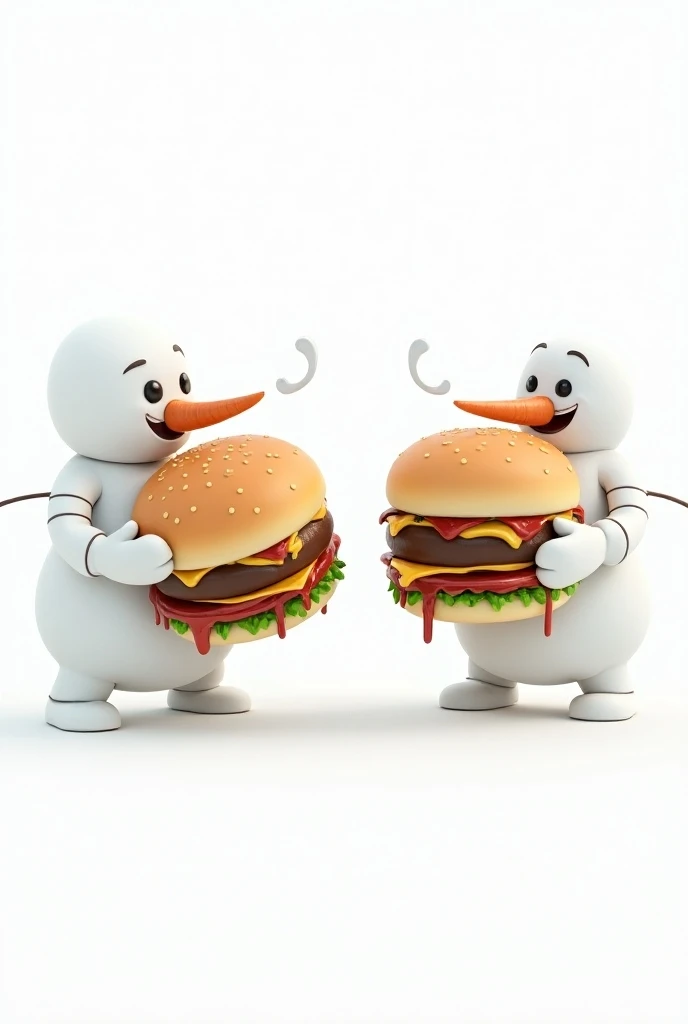 Style cartoon 3d realiste. Bataille de hamburgers entre deux snowman. Sur fond blanc. 