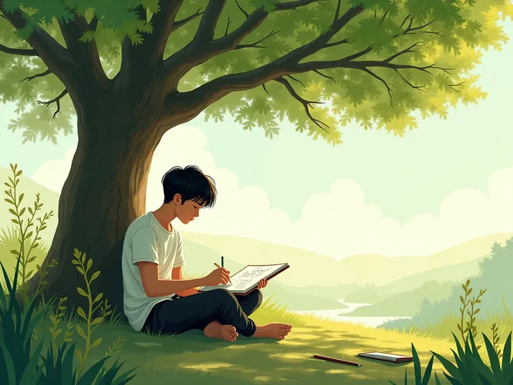  sitting under a tree with a sketchbook