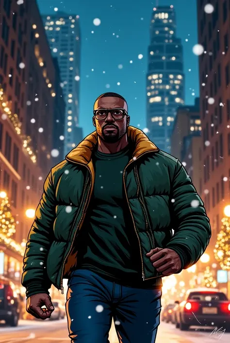 Create an image of Luke Cage ,  walking the streets of New York , during the christmas...  For smartphone wallpaper . He wears square prescription glasses,  comic style Marvel and DC comics 