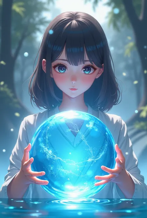 A girl holding a water sphere,  Anime style