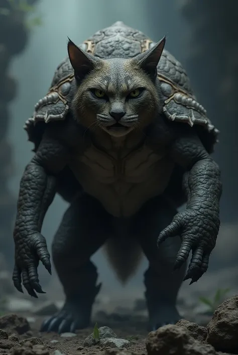 Create an image of a hybrid creature combining features of a Persian cat and a turtle, forming a dangerous and monstrous entity. The creature should have a Persian cats sharp, intense eyes, fur around the head like a mane, and pointed ears, but also a thic...