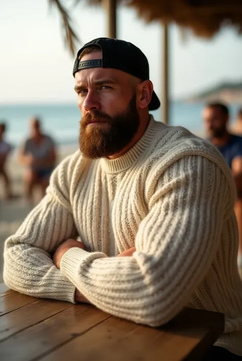 1man, 24yo, white British man, A hyper-realistic, ultra-masculine bodybuilder with exaggerated muscle size, wearing a long sleeved hand-knitted cream Aran sweater, emphasizing his massive chest and arms. (He has a full, thick beard and is wearing a black b...