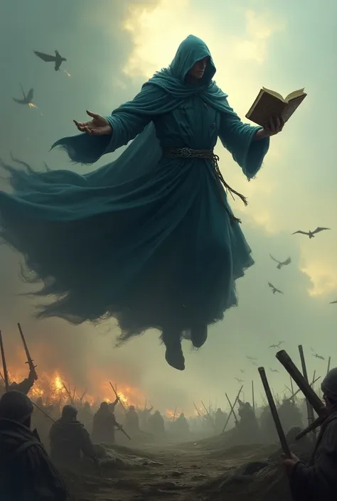 do, a wizard holding a book flying in the air over a battlefield 