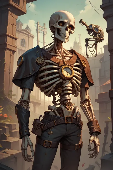 Steampunk skeleton in a junkyard