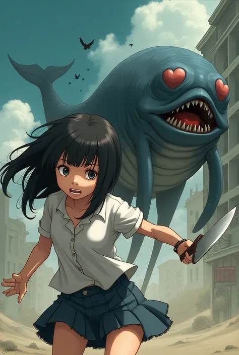 An anime-style woman with dark bangs has an impatient face and is being chased by a whale with the legs of a person with heart eyes while pointing a kitchen knife at me