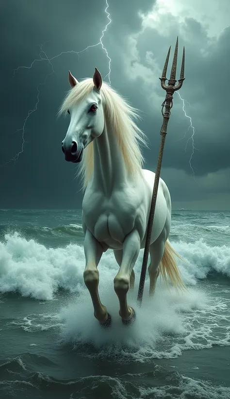 A hyper-realistic albino horse-human hybrid wades through chest-deep, dark ocean waves, holding an ancient, weathered trident resembling Poseidons. The hybrid’s face is long and noble, with pale, almost translucent fur, large red eyes, and a white mane flo...