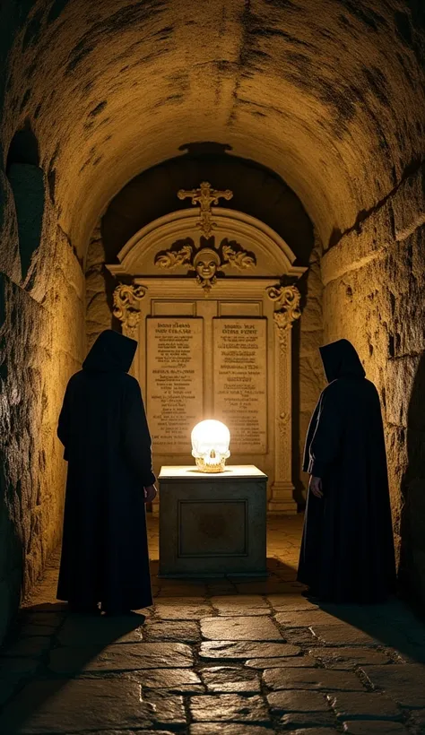 The eerie catacombs beneath the Vatican, lit by flickering torches, with moss-covered stone walls and passages that twist into darkness. In a secret alcove, a relic of immense power rests on an ancient altar: a crystal skull glowing with an unearthly light...