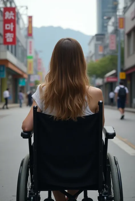 Create an image of me in a wheelchair in South Korea Seoul on my back with light brown hair and that looks more real the image Y with loose hair on my back 