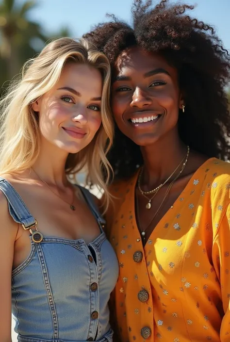  take an extremely realistic high-resolution photo of two female human models between 24 and 30 years old,  with fun and relaxed poses ,  a blonde model and a black model .  They wear modern accessories and clothes , very cheerful and sparkly ,  for a work...