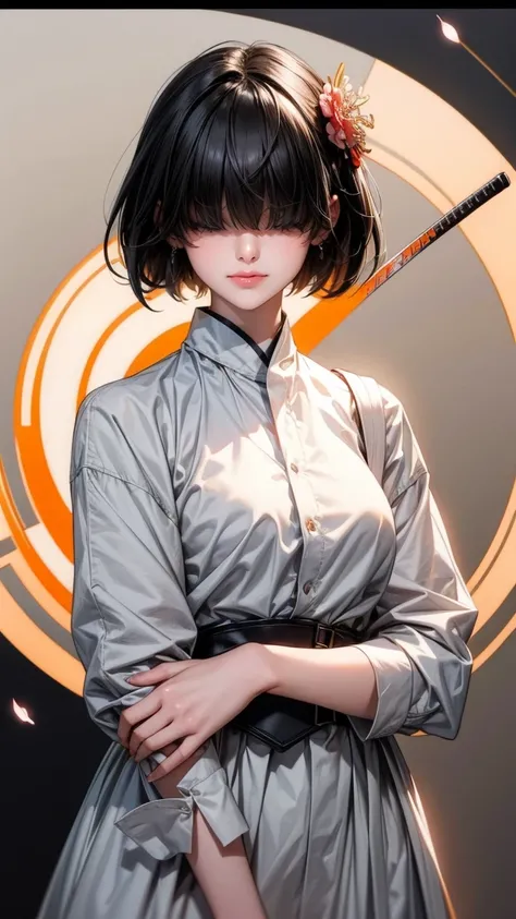 1girl, hair over eyes, black straight bang hair cut, hime cut, small breast, light smile, grey and orange tectical tech wear kinono, Harness, white dress shirt, flower decoration, cherry blossom, toist motif(0.5), masterpiece, best quality, Perfect details...