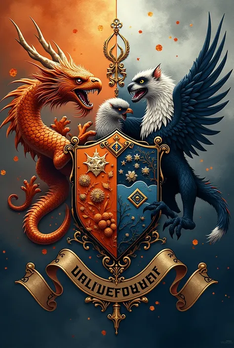  Create an image of a coat of arms in the colors orange , White ,gray ,black and blue with a Chinese dragon , an eagle, a panther and a monkey separately in the center like the Harry Potter coat of arms 
