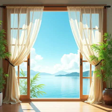 A sunny, brightly colored window scene image with a Chinese Zen feel. At the center of the image is an open floor-to-ceiling window with a serene blue sky, white clouds and a lake visible through the pane window. Light translucent gauze curtains hang aroun...