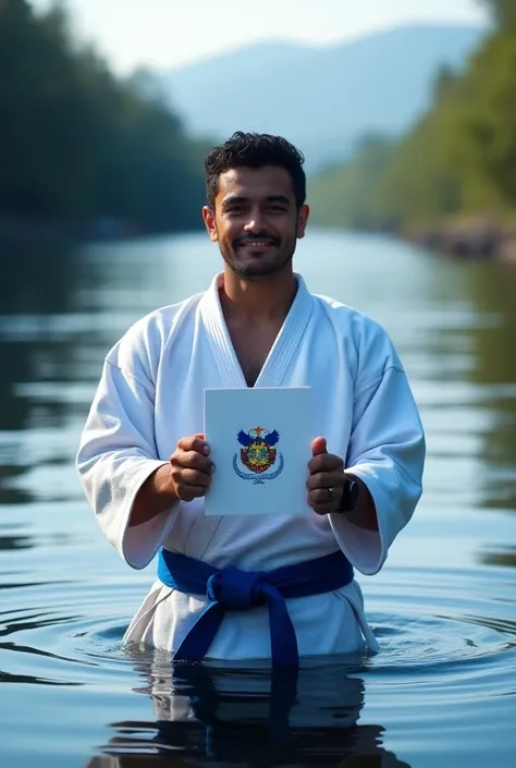  Logo designed by José Joaquín de Olmedo , dressed with Judogi , in a river , With slogan "CDEF 25 de Julio ",  Forging Champions with Honor in blue and white,  showing it to the spectator