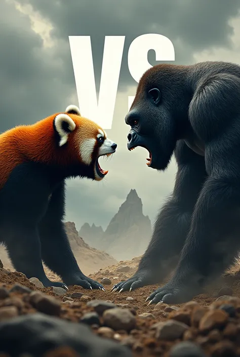 rop of a barren, rocky landscape under a cloudy sky. The panda, with its sharp teeth bared, orange fur with black stripes, and intense eyes, is set against a black Gorilla, green jungle background. In the center of the image, the word VS is prominently dis...