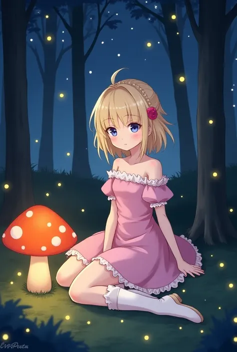 Light blonde haired anime girl with pale blue and purple eyes wearing a pink off-the-shoulder puffed sleeved dress and white knee-high boots sitting in the forest next to an orange mushroom surrounded by fireflies under a starry sky.  