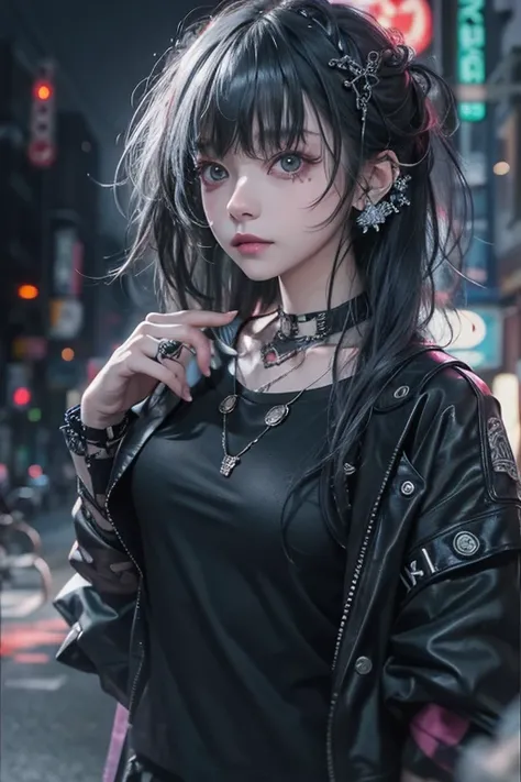 Best Quality、、masterpiece：1.3、Gothic Punk、Gray Black Hair、  hair accessories 、  beautiful girls 、  Creative  、Punk Shirt、Neogoth、 goth fashion ：1.2、  Hi-Res 、masterpiece、Best Quality、頭w:1.3、((  Hasselblad Pictures  ))、 fine skin、 sharp concentration、( Movi...