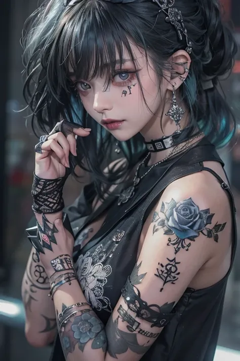 Best Quality、、masterpiece：1.3、Gothic Punk、Gray Black Hair、  hair accessories 、  beautiful girls 、  Creative  、Punk Shirt、Neogoth、 goth fashion ：1.2、  Hi-Res 、masterpiece、Best Quality、頭w:1.3、((  Hasselblad Pictures  ))、 fine skin、 sharp concentration、( Movi...