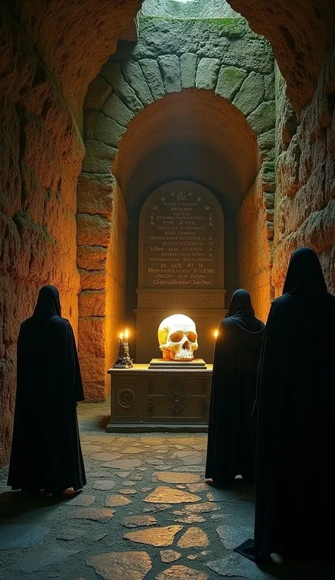 The eerie catacombs beneath the Vatican, lit by flickering torches, with moss-covered stone walls and passages that twist into darkness. In a secret alcove, a relic of immense power rests on an ancient altar: a crystal skull glowing with an unearthly light...