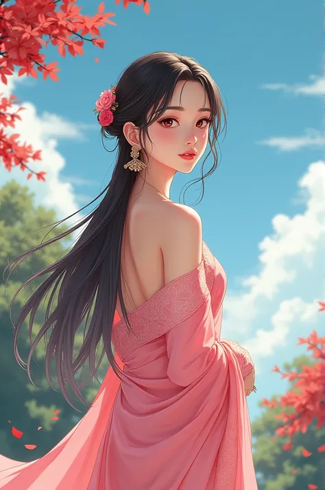 (masterpiece),(best quality:1.0), (ultra highres:1.0), detailed illustration, 8k, anime, 1girl, beautiful anime girl, in a sari, wearing a pink sari, pretty pose, pretty face, detailed face, beautiful eyes, dark red eyes, detailed eyes, red lips, red lipst...