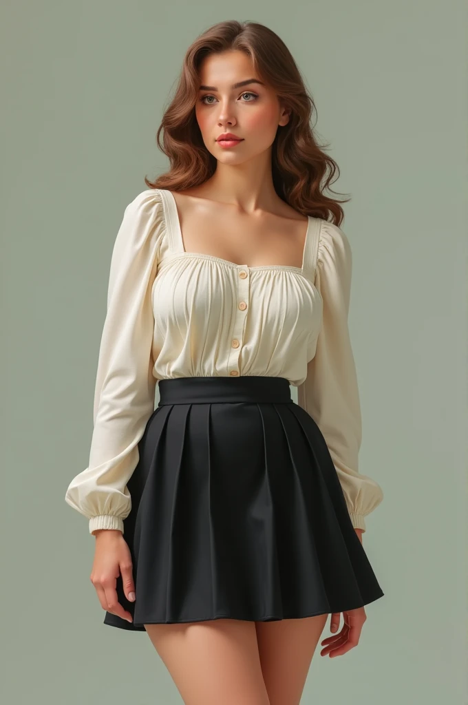 Ukrainian gos student from the 60s wearing a black gown skirt, Short, white strappy blouse , thick thighs and wide hips, feminine features

( Color image )