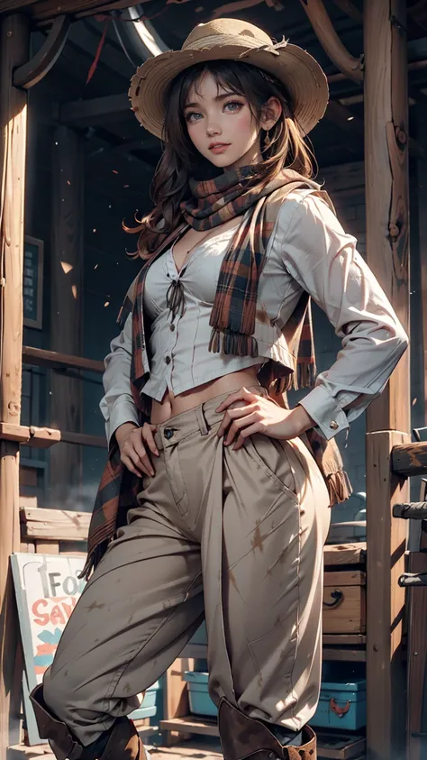  Portrait of a Beautiful Woman on a Muddy Farm:1.2 , cowboy hat, Fringed waistcoat , pants, scarf ,  Confidence  ,  middle of chest,、Place hands on hips、Riding boots、Round Whips 、smile、 Indy Jones Style 