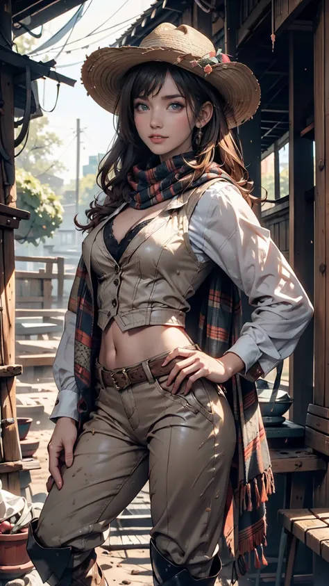  Portrait of a Beautiful Woman on a Muddy Farm:1.2 , cowboy hat, Fringed waistcoat , pants, scarf ,  Confidence  ,  middle of chest,、Place hands on hips、Riding boots、Round Whips 、smile、 Indy Jones Style 