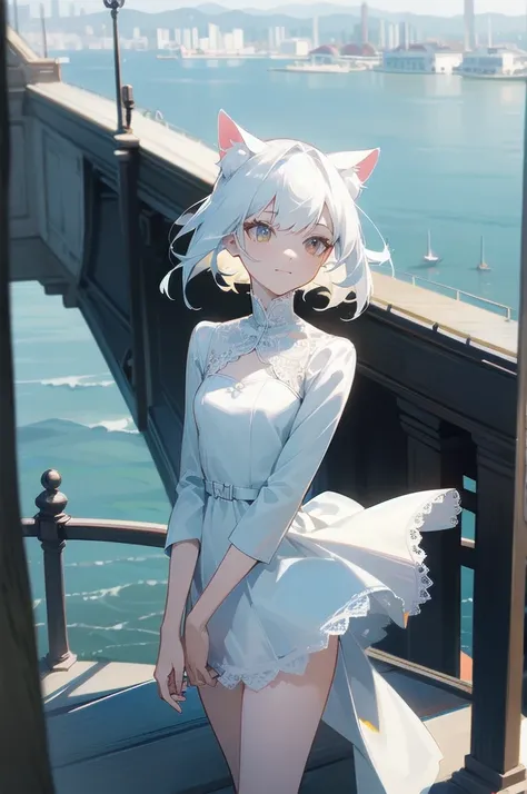 (Absurd), cute girl, upper body, slim body, perfect body, legs out of frame, cat ear, (albino), jacket, lace dress, skirt, rooftop, cove, observation deck, port town, [strong wind], arrogant smile, tipsy, [looking away], Expressionless